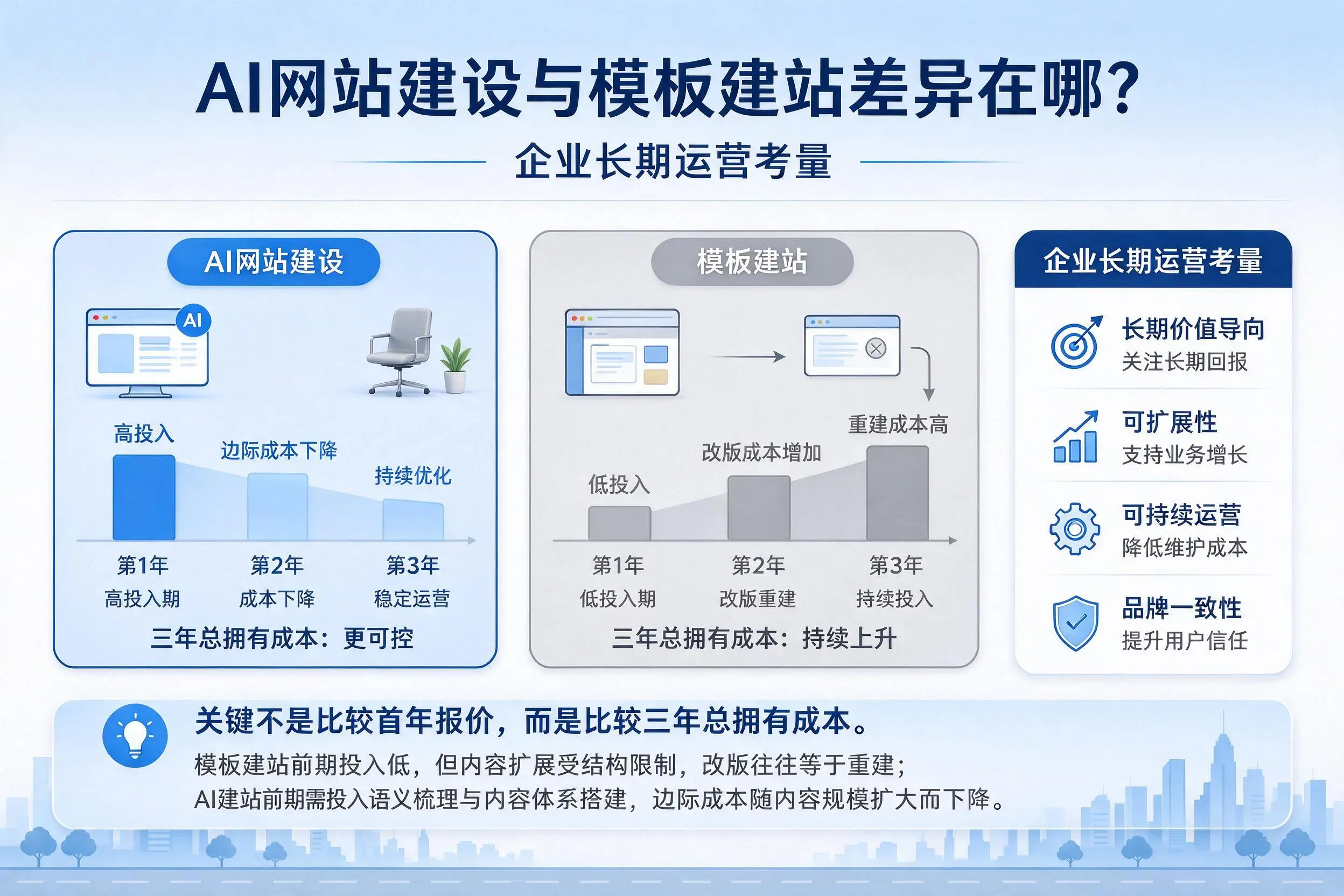 AI网站建设与模板建站差异在哪?渭南企业长期运营考量